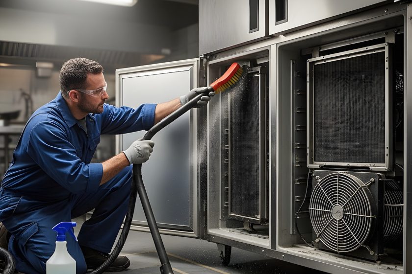 A professional technician in blue overalls is diligently cleaning the condenser coils of a large commercial refrigeration unit with a brush and vacuum cleaner. The scene takes place in a commercial kitchen, emphasizing maintenance, repair, and hygiene standards.